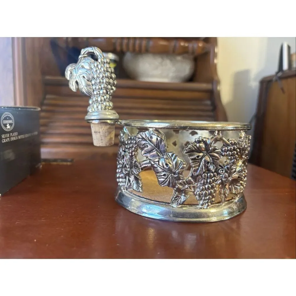 Godinger Silver Art Company. Silver Plated Grape Motif Wine Bottle coaster and s